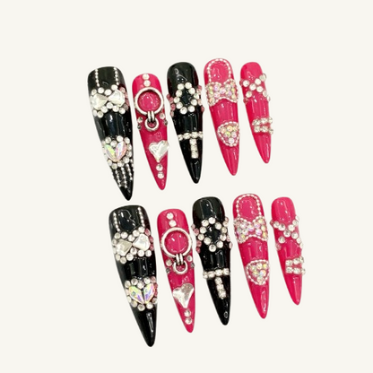 Love's Chains Press-On Nails | Handmade Pink Black Jewel Stiletto