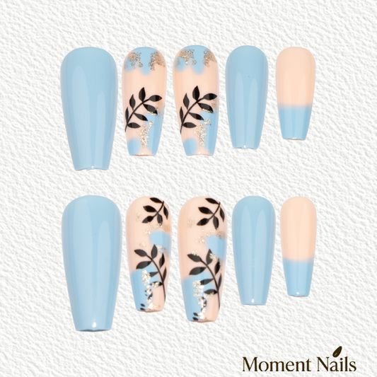 Blue Vine & Gold Foil  Press-On Nails| Elegant Ballerina