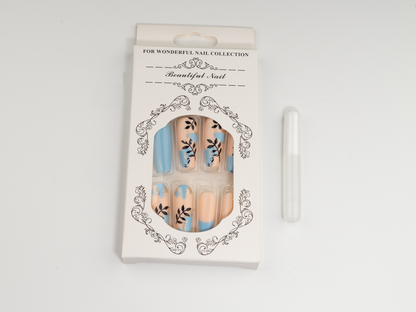 Blue Vine & Gold Foil  Press-On Nails| Elegant Ballerina