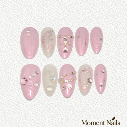 Fairy Dust Press-On Nails | Pink Butterfly Rhinestone Pearl Almond