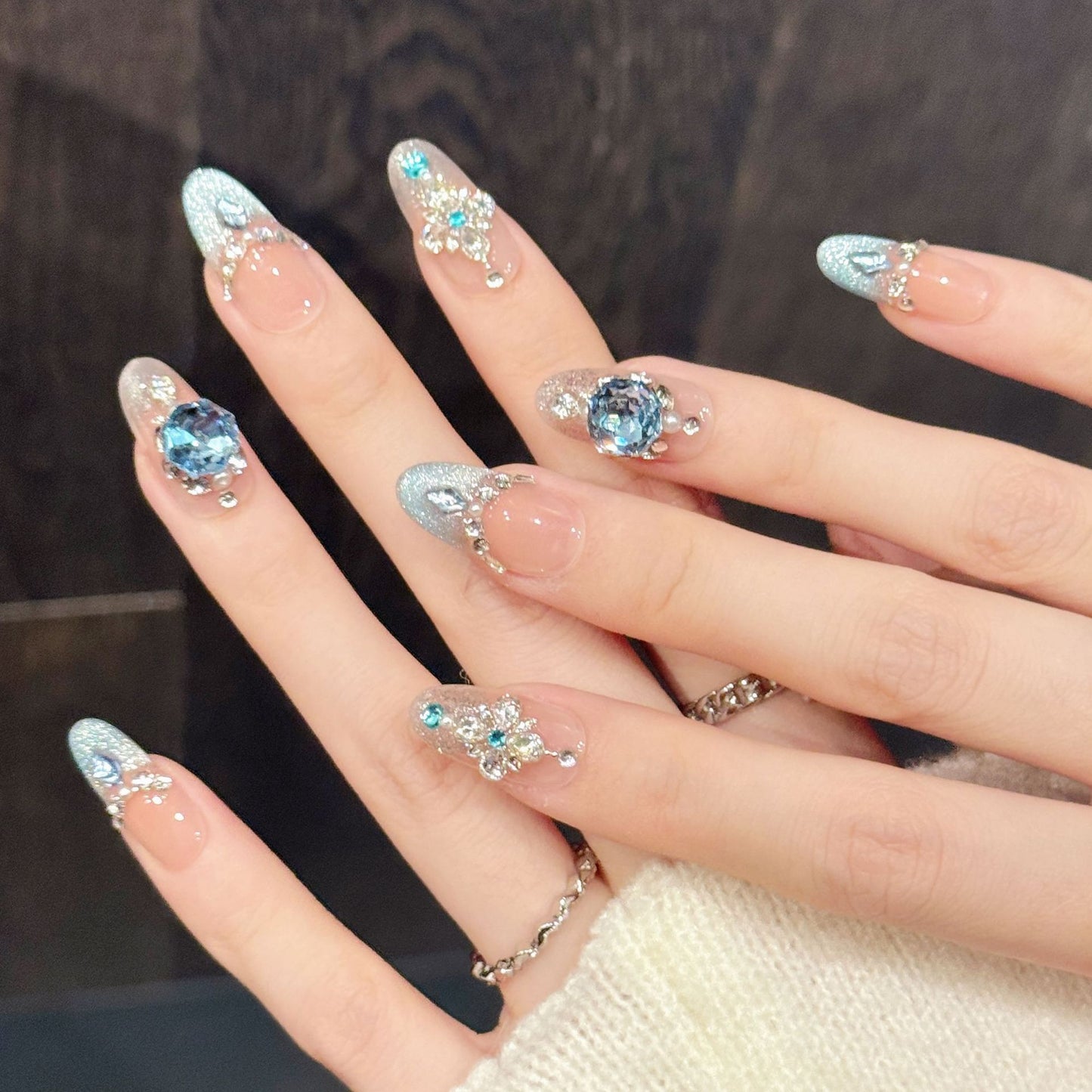 Pastel Blue Gem  Oval Press-On Nails