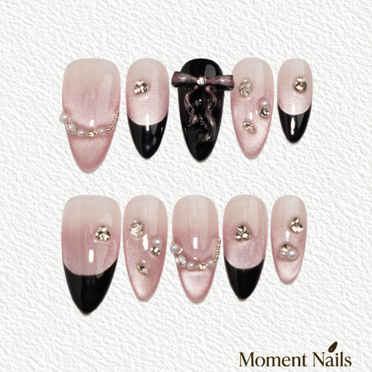 French Bow Press On Nails | Glitter Cat Eye | Handmade