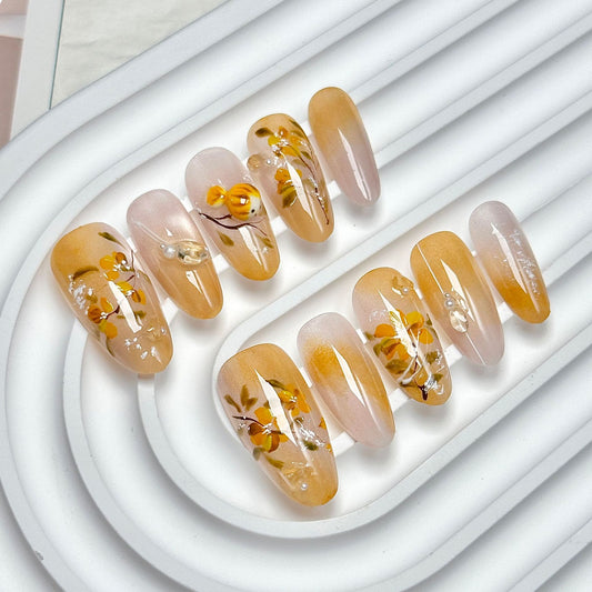 Warm Yellow Chinese Floral-Bird Press-On Nails