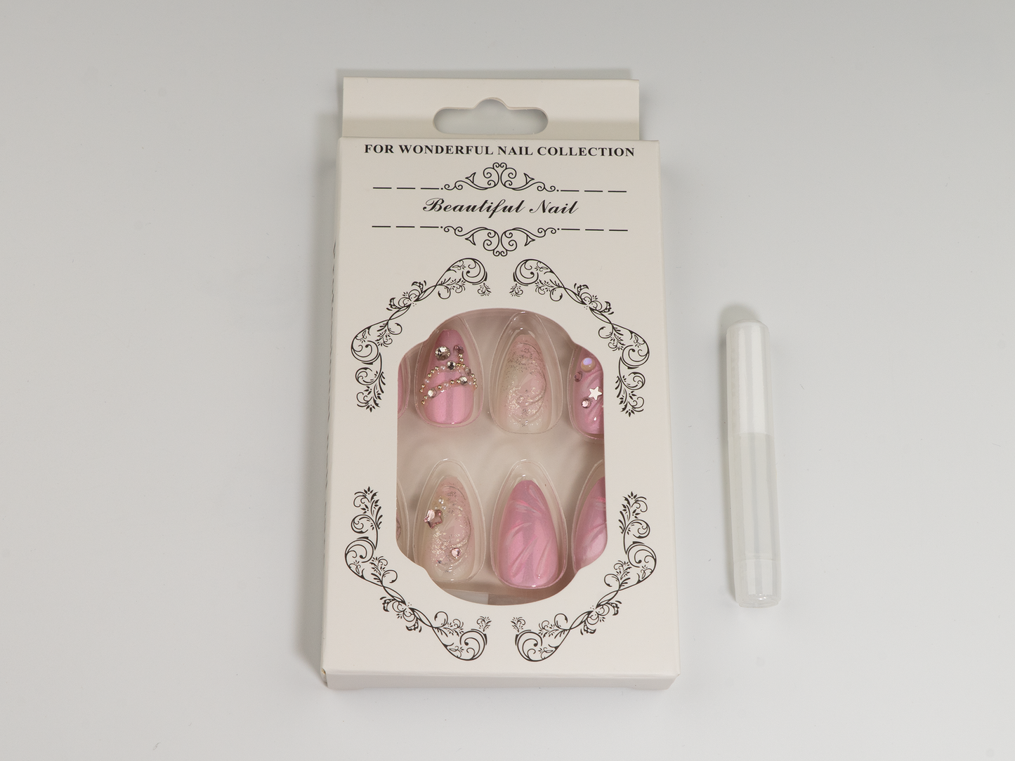 Fairy Dust Press-On Nails | Pink Butterfly Rhinestone Pearl Almond
