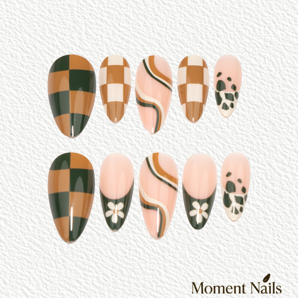 Brown Checker Press-On Nails | Daisy French Tip Stiletto
