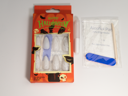 Skeleton Gesture Press-On Nails | 3D Embossed Milky White Almond