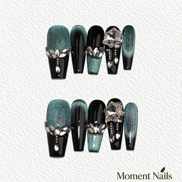 Galaxy Cat Eye Press-On Nails | Blue-Black Ombre Handmade Coffin Nails