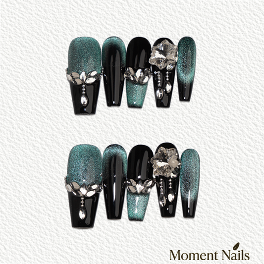 Galaxy Cat Eye Press-On Nails | Blue-Black Ombre Handmade Coffin Nails