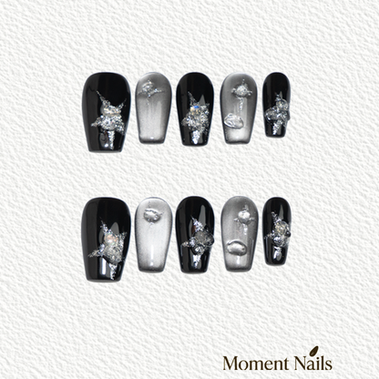 Stardust Meteor Press-On Nails | Handmade Cat Eye Starburst Coffin