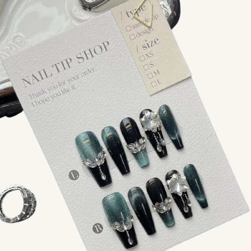 Galaxy Cat Eye Press-On Nails | Blue-Black Ombre Handmade Coffin Nails