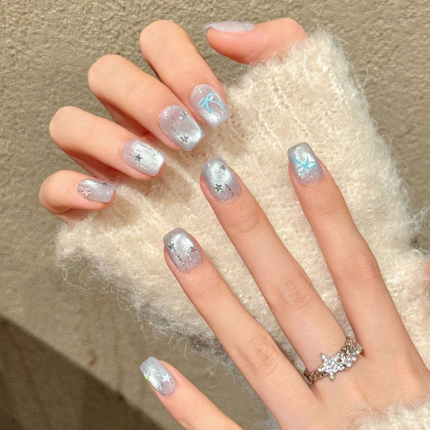 Silver Star Sparkle Short Coffin Press-On Nails