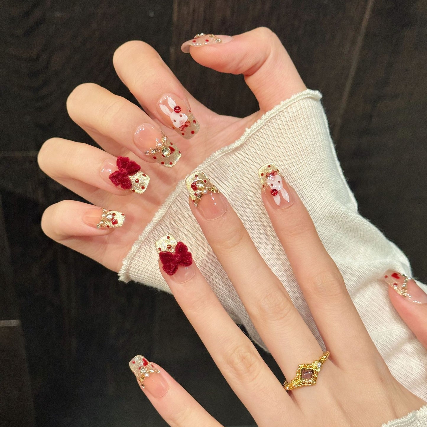 Red-Gold Bunny-Bow Oval Press-On Nails