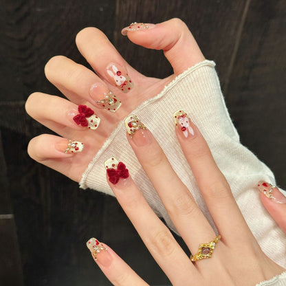 Red-Gold Bunny-Bow Oval Press-On Nails