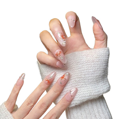 Nude Pink Orange-Flower Oval Luxury Press-On Nails