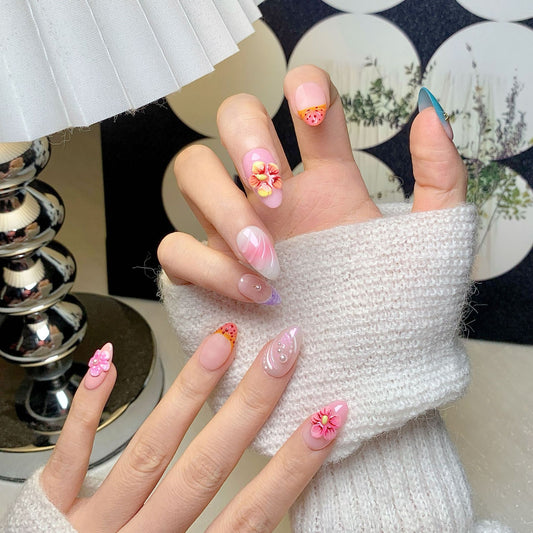 Pink Floral Short Almond Sweet Press-On Nails