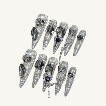 Dark Elf Press On Nails | Handmade Grey Crystal Stiletto
