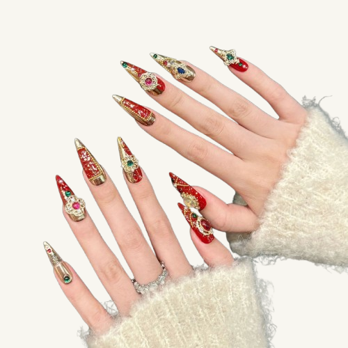 Red & Green Gem Press-On Nails | Handmade Gold Relief Stiletto