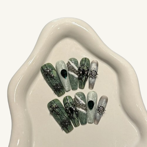 Dark Punk Press-On Nails | Handmade Metallic Spider Coffin Nails