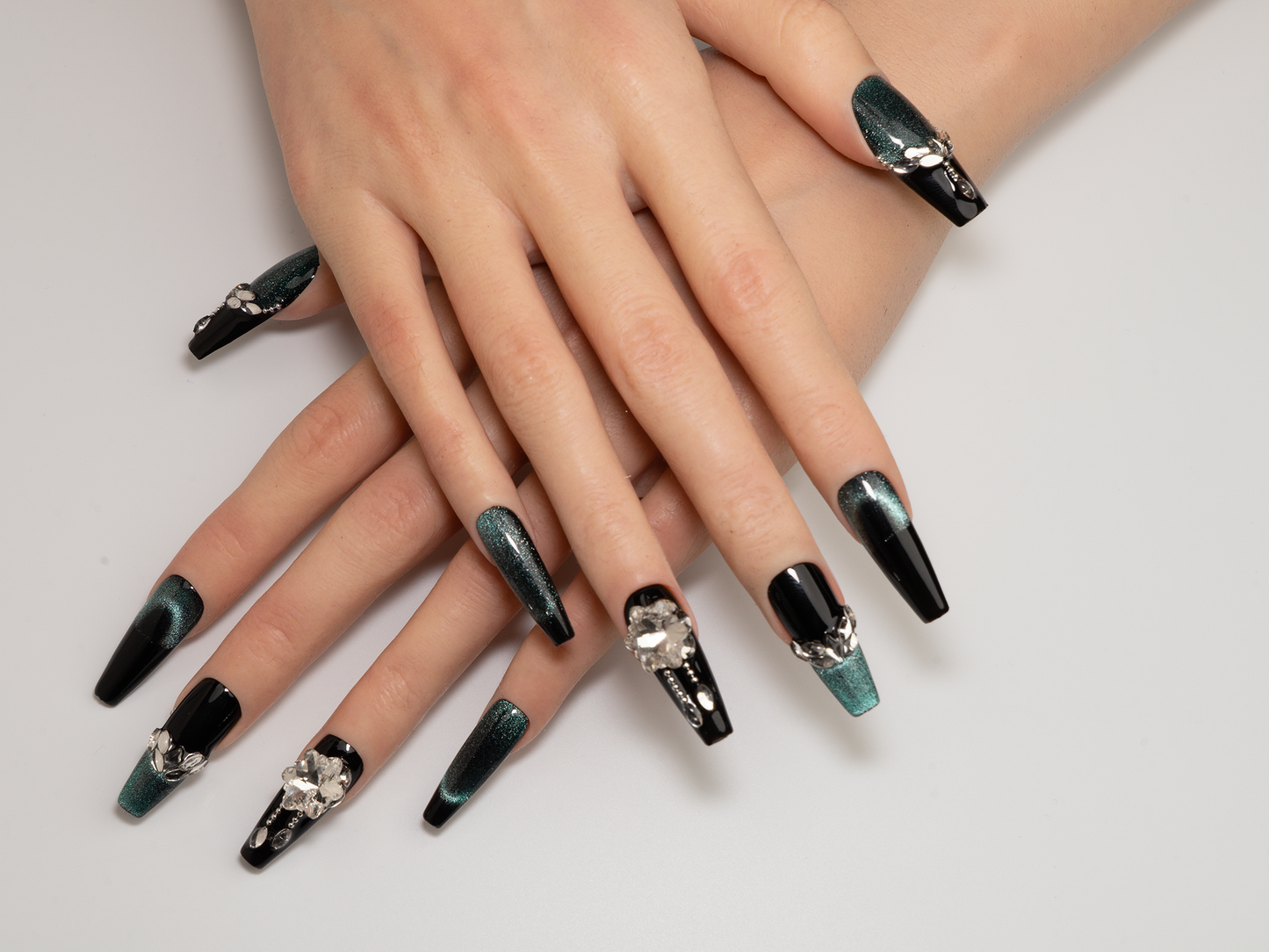 Galaxy Cat Eye Press-On Nails | Blue-Black Ombre Handmade Coffin Nails