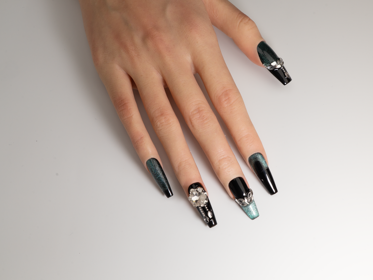 Galaxy Cat Eye Press-On Nails | Blue-Black Ombre Handmade Coffin Nails