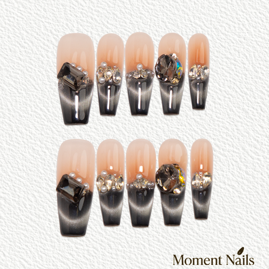 Black Swan Tear Press-On Nails | Handmade Ombre Cat Eye Pearl Gem