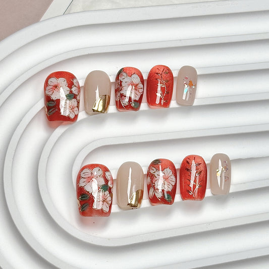 Cherry Blossom Red Square-Round Press-On Nails