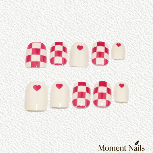 Love Mood Press-On Nails | Creamy Yellow Pink Checkerboard Oval