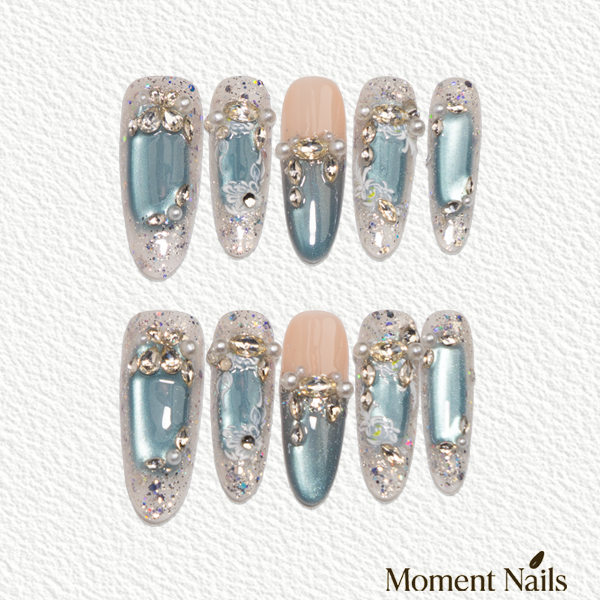 Hand-Painted Embossed Flower Nails | Long Oval Fake Nail