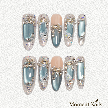 Hand-Painted Embossed Flower Nails | Long Oval Fake Nail