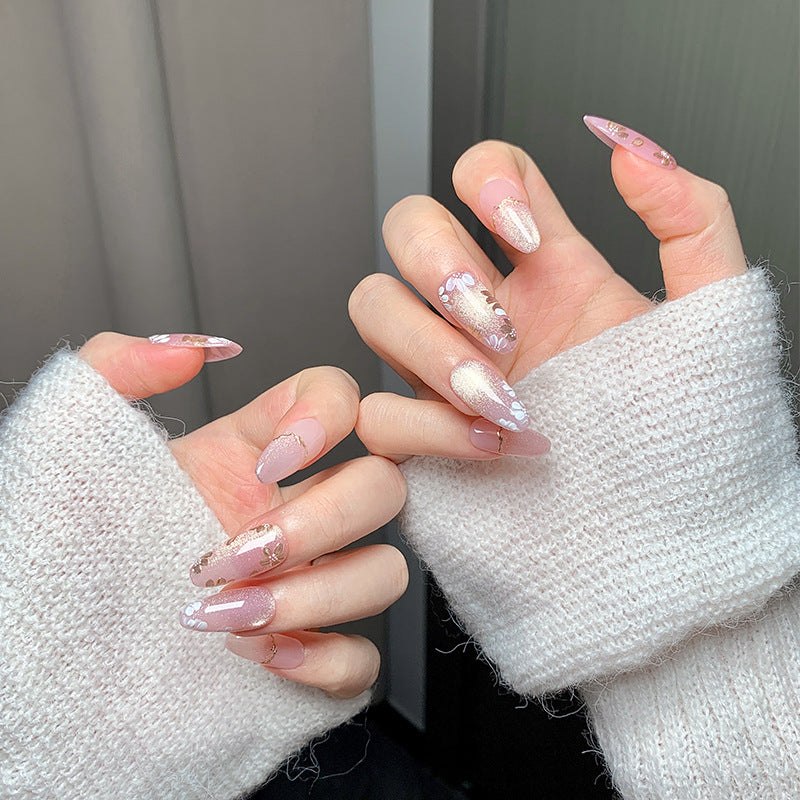 Pink Sheer Gold Accent Oval Press-On Nails