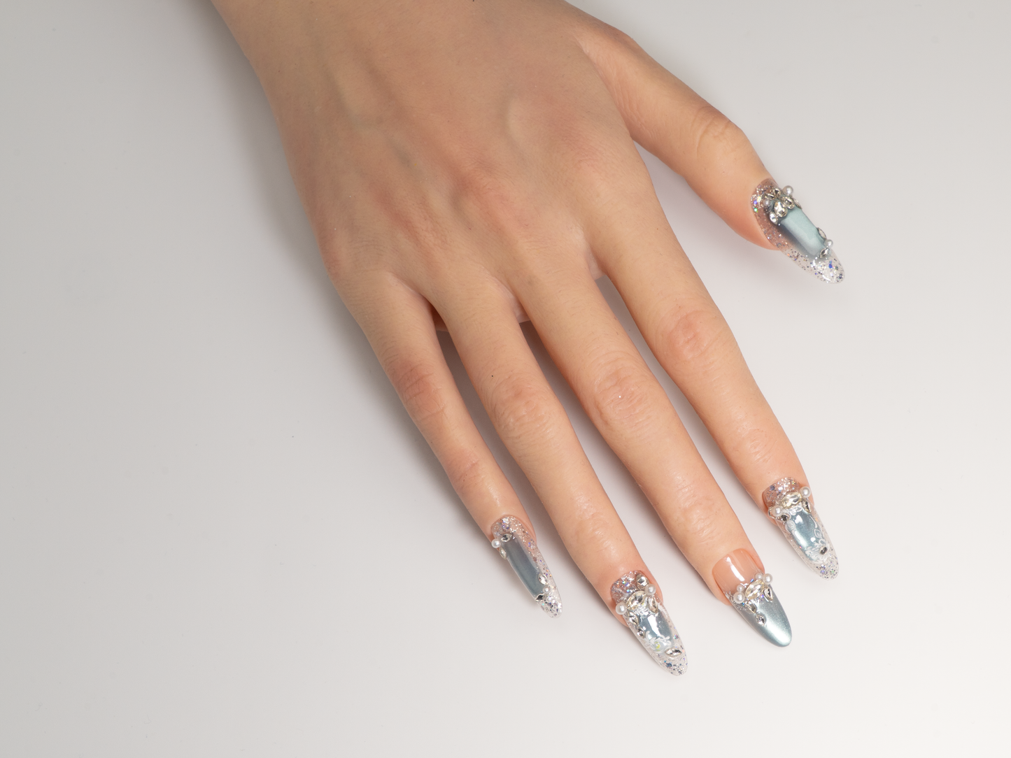 Hand-Painted Embossed Flower Nails | Long Oval Fake Nail