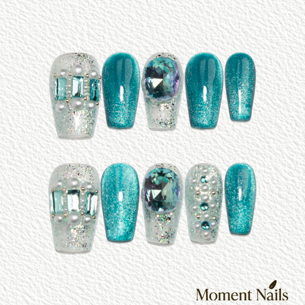 Ocean Heart Press-On Nails | Luxury Handmade Pearl Coffin Fake Nails