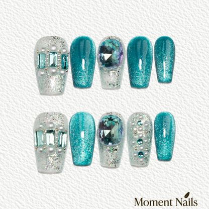 Ocean Heart Press-On Nails | Luxury Handmade Pearl Coffin Fake Nails