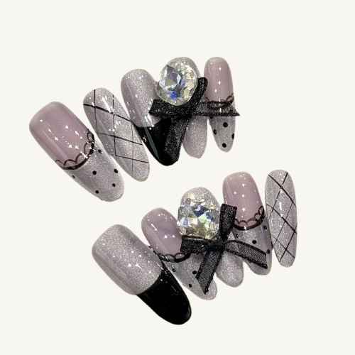 Lace Polka Dot Press-On Nails | Handmade Vintage Bow Gem Oval