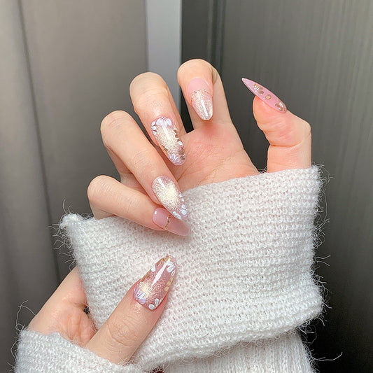 Pink Sheer Gold Accent Oval Press-On Nails
