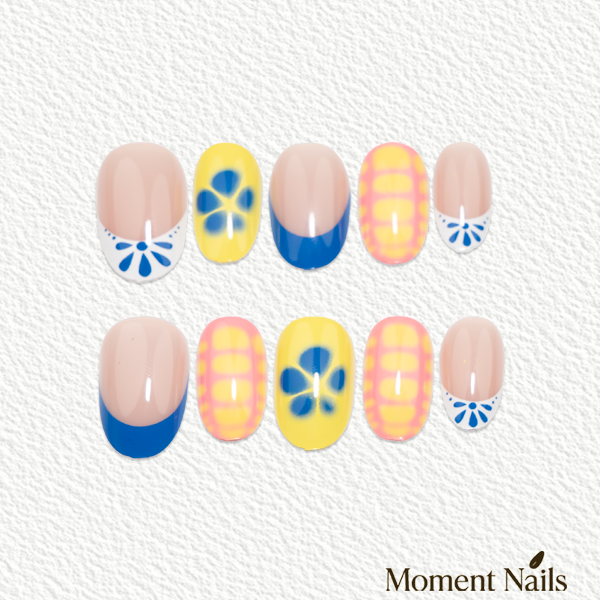 Blue & Yellow Pop Art Press-Ons | Mixed Hand-Painted | Oval