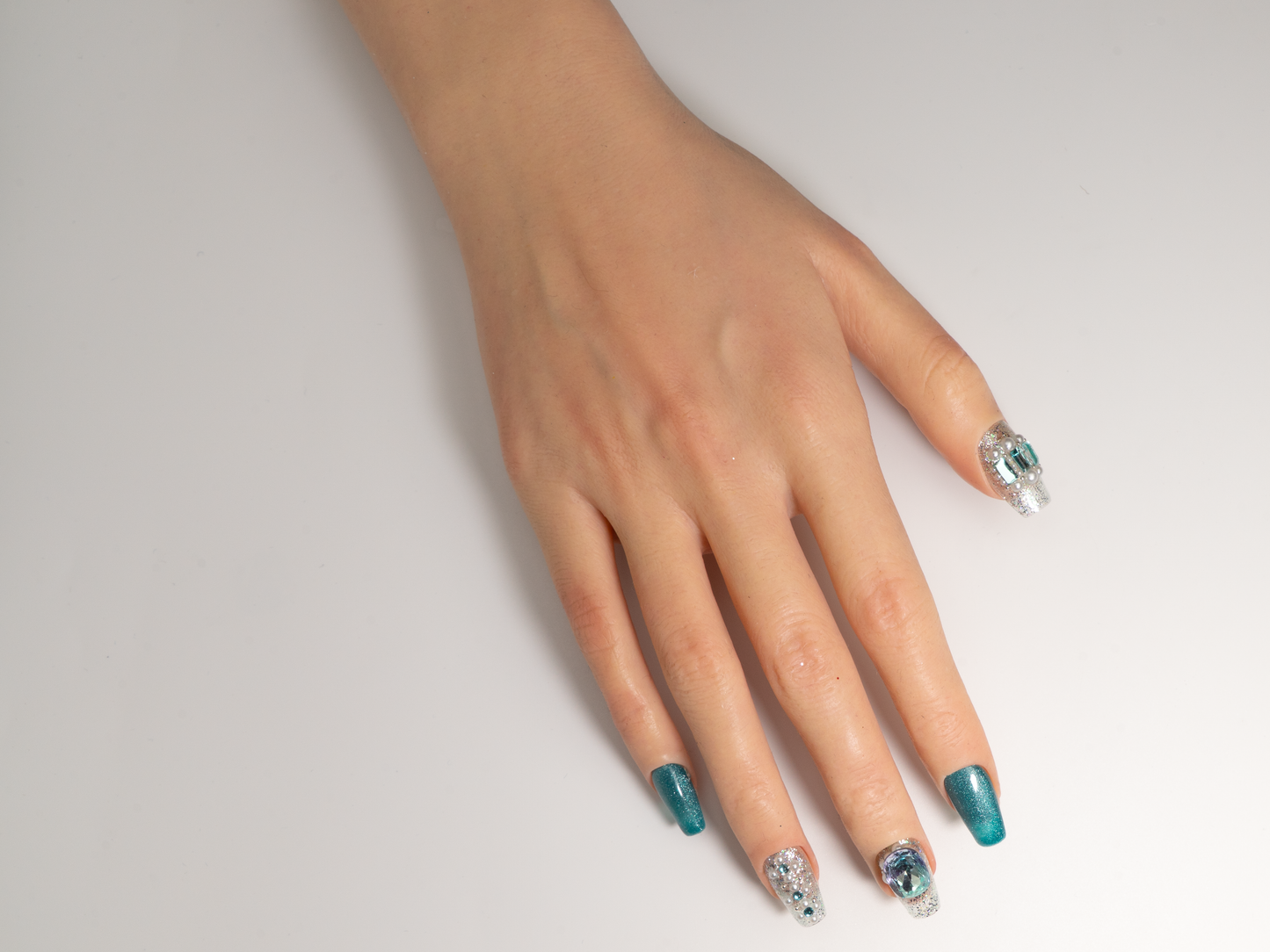 Ocean Heart Press-On Nails | Luxury Handmade Pearl Coffin Fake Nails