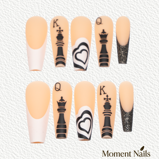 Black & White Chess Press-On Nails | King & Queen Long Ballerina