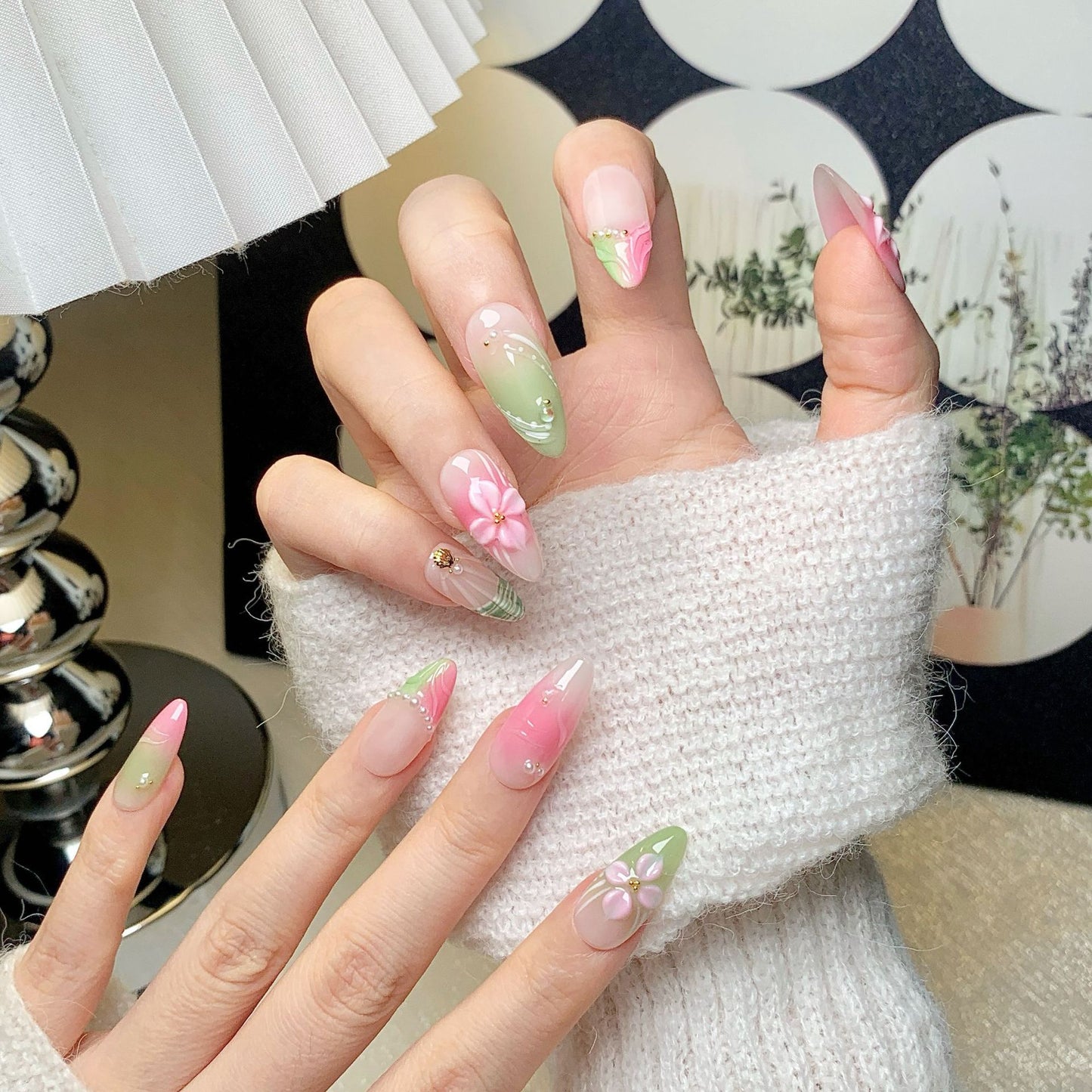 Pink Floral Short Almond Press-On Nails