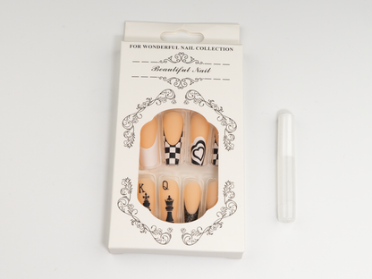 Black & White Chess Press-On Nails | King & Queen Long Ballerina
