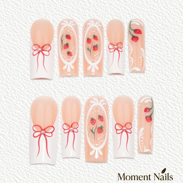 Romantic Bow Press-On Nails | Strawberry Manor Art Long Square