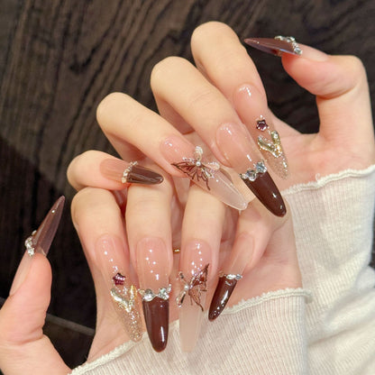 Nude Brown Butterfly Long Stiletto Press-On Nails