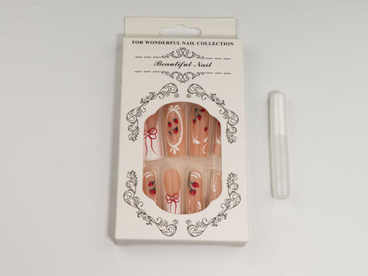 Romantic Bow Press-On Nails | Strawberry Manor Art Long Square