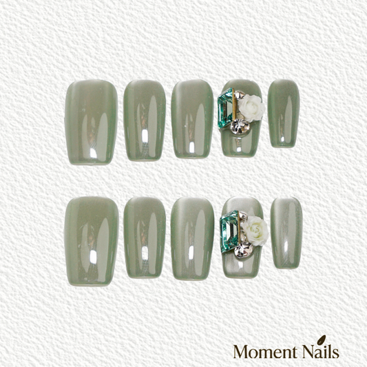 Silver-Green Cat Eye Press-On Nails | Chic Handmade Square Nails