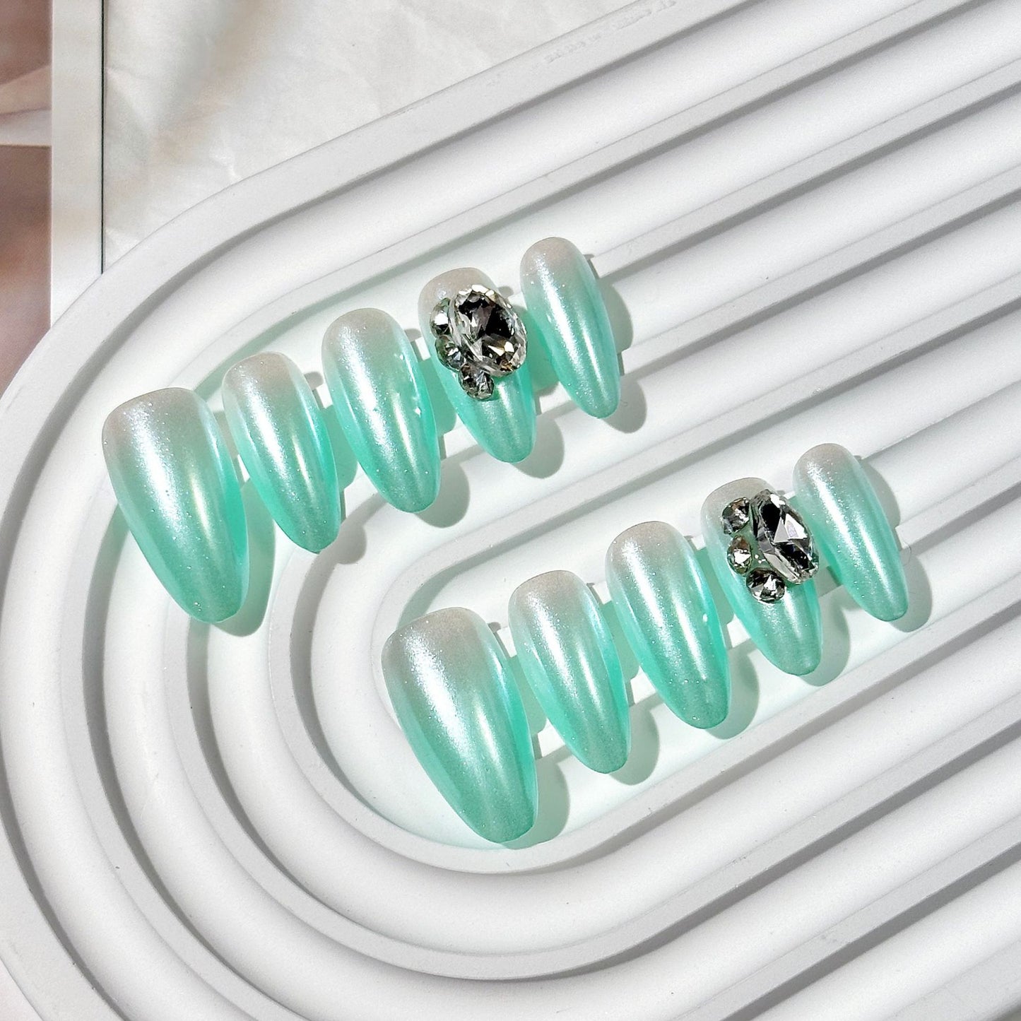 Mint Glitter Diamond  Press-On Nails