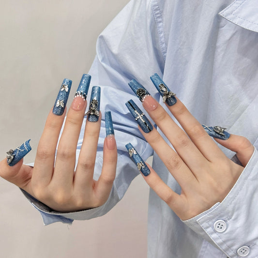 Charm - Detailed Blue Handmade Press-On Nails（Alternative Socials）