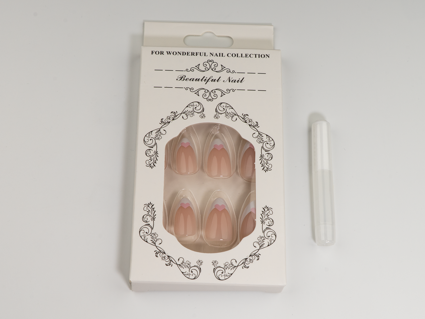 Simple Pink Heart Press-On Nails | White French Tip | Almond