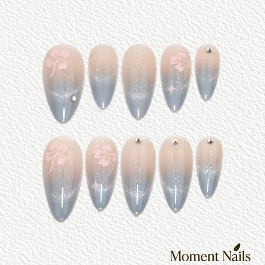 Silver Cat-Eye Ombre Press-On Nails | 3D Dolphin Long Almond
