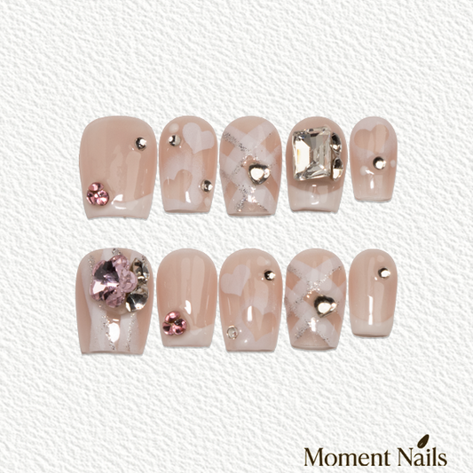 Pink Gem Plaid Press-On Nails | Handmade Checkerboard Conffin