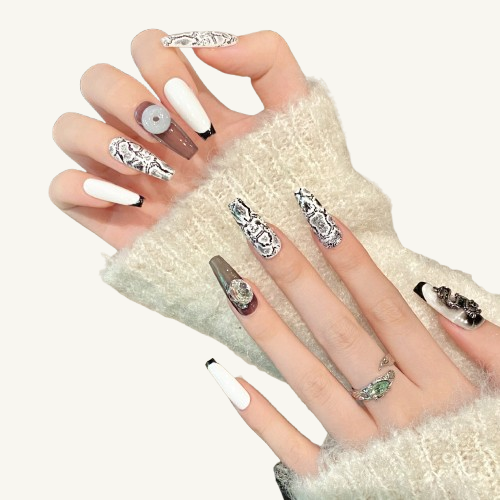 Jade Dragon Press-On Nails | Handmade Jade Disc Snakeskin Coffin